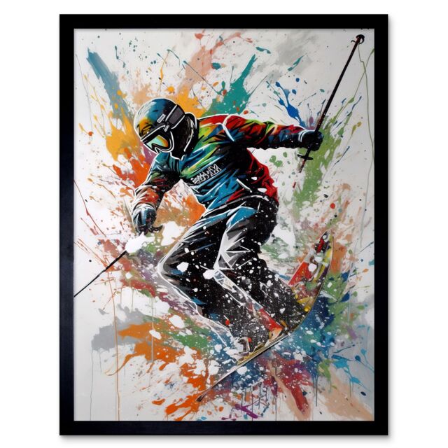 "Artery8 Wall Art Print Skier Skiing Multicoloured Paint Splat Action Shot Art Framed in Black - Size: W12"" x H16""" - image 1