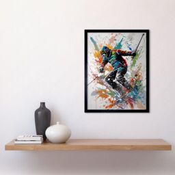 "Artery8 Wall Art Print Skier Skiing Multicoloured Paint Splat Action Shot Art Framed in Black - Size: W12"" x H16""" - thumbnail 2
