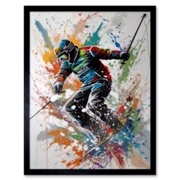 "Artery8 Wall Art Print Skier Skiing Multicoloured Paint Splat Action Shot Art Framed in Black - Size: W12"" x H16""" - thumbnail 1