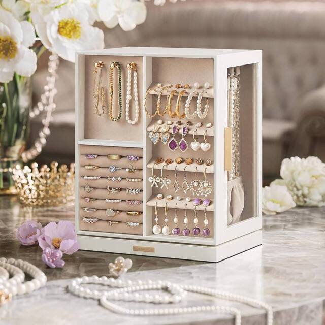 SONGMICS Rotating Jewellery Box with Glass Display & 5 Drawers in White - image 1