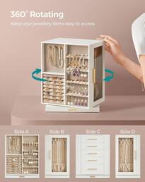 SONGMICS Rotating Jewellery Box with Glass Display & 5 Drawers in White - thumbnail 3
