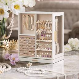 SONGMICS Rotating Jewellery Box with Glass Display & 5 Drawers in White