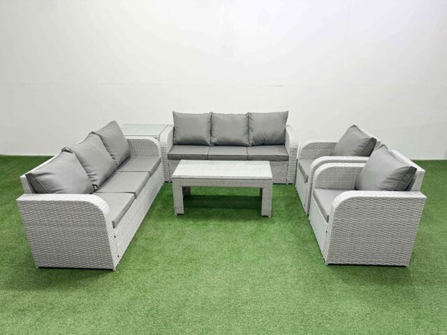 Fimous PE Rattan High Back Lounge Sofa Set Patio Oblong Coffee Table & Chairs Set with 3 Seater Sofa Reclining Chair Side Table Light Grey - image 1