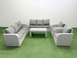 Fimous PE Rattan High Back Lounge Sofa Set Patio Oblong Coffee Table & Chairs Set with 3 Seater Sofa Reclining Chair Side Table Light Grey - thumbnail 2