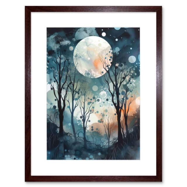 "Artery8 Wall Art Print Full Moon Winter Forest Landscape Snowfall over Trees at Night Artwork Framed 9X7 Inch in Brown - Size: W7"" x H9""" - image 1
