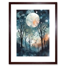 "Artery8 Wall Art Print Full Moon Winter Forest Landscape Snowfall over Trees at Night Artwork Framed 9X7 Inch in Brown - Size: W7"" x H9""" - thumbnail 1