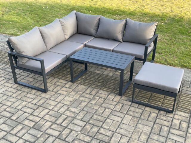 Fimous Aluminium Outdoor Garden Furniture Set Lounge Sofa Coffee Table Sets with Big Footstool Indoor Conservatory Set Dark Grey