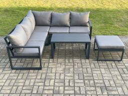Fimous Aluminium Outdoor Garden Furniture Set Lounge Sofa Coffee Table Sets with Big Footstool Indoor Conservatory Set Dark Grey - thumbnail 2