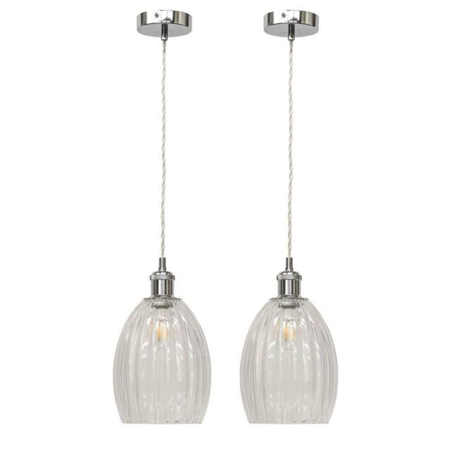 First Choice Lighting Set of 2 Birch - Clear Fluted Glass Chrome Retro Pendant Fittings - image 1