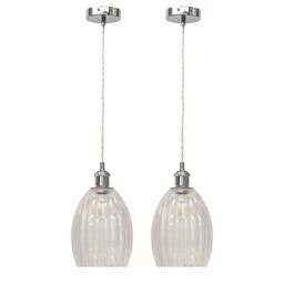 First Choice Lighting Set of 2 Birch - Clear Fluted Glass Chrome Retro Pendant Fittings - thumbnail 1
