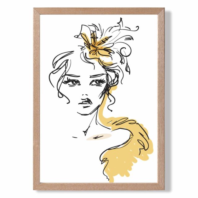 ARTZE Female Fashion Pen & Ink Sketch Framed Print SIZE: A4 with Oak Frame in Yellow - Size: A2 - image 1
