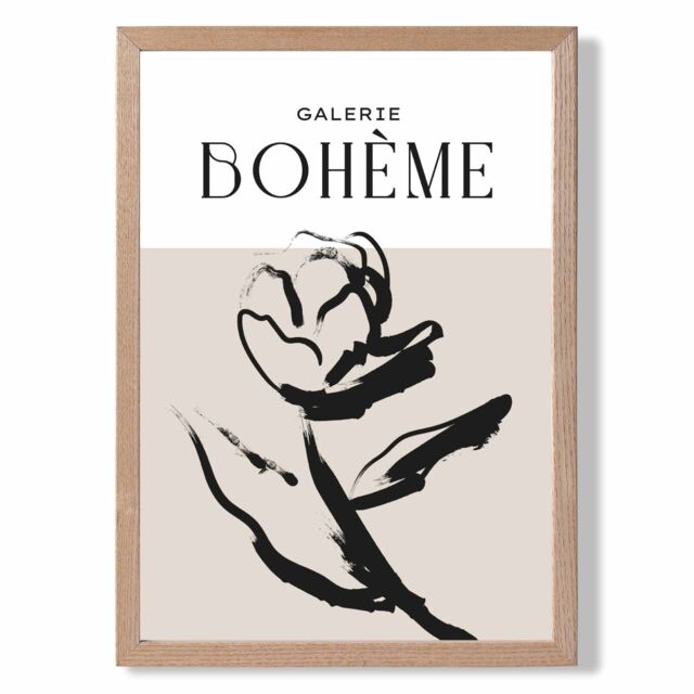 ARTZE Beige & Black Rose Boho Sketch Floral Framed Print SIZE: A2 with Oak Frame - image 1