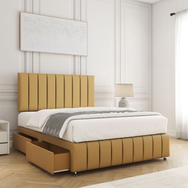 "BSSPOKE Sierra Plush Velvet Divan Bed Set 24"" Headboard 4 Drawers & Mattress in Mustard - Size: Super King" - image 1