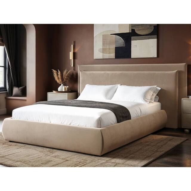 Solace+Co Sigrid Sand Velvet Cushion Headboard Ottoman Bed in Light Sand - Size: Double - image 1