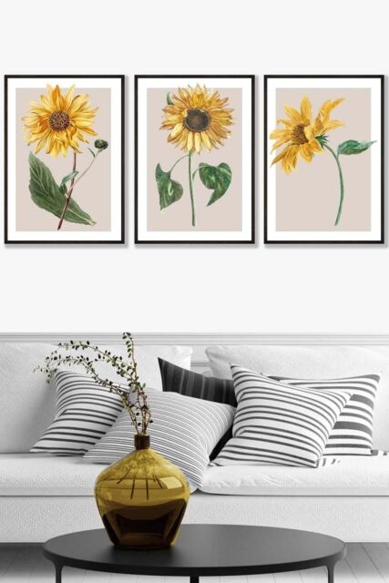 ARTZE Set of 3 Black Framed Vintage Sunflowers on Beige Wall Art in Bright Yellow - Size: W33 cm x H45 cm x D20mm - image 1