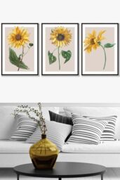 ARTZE Set of 3 Black Framed Vintage Sunflowers on Beige Wall Art in Bright Yellow - Size: W33 cm x H45 cm x D20mm - thumbnail 1