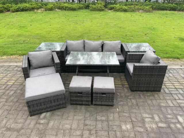 Fimous 8 Seater Rattan Outdoor Furniture Sofa Garden Dining Set with Dining Table Armchairs 2 Side Tables 3 Stools in Dark Grey - image 1