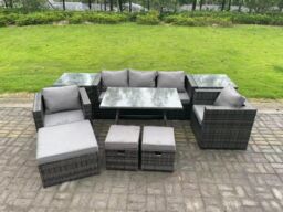Fimous 8 Seater Rattan Outdoor Furniture Sofa Garden Dining Set with Dining Table Armchairs 2 Side Tables 3 Stools in Dark Grey - thumbnail 2