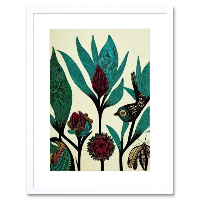 "Artery8 Wall Art Print Abstract Folk Art Leaves Flowers Birds Vintage Style Green Burgundy Cream Black Artwork Framed 9X7 Inch - Size: W7"" x H9""" - image 1