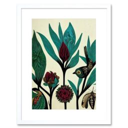 "Artery8 Wall Art Print Abstract Folk Art Leaves Flowers Birds Vintage Style Green Burgundy Cream Black Artwork Framed 9X7 Inch - Size: W7"" x H9""" - thumbnail 1