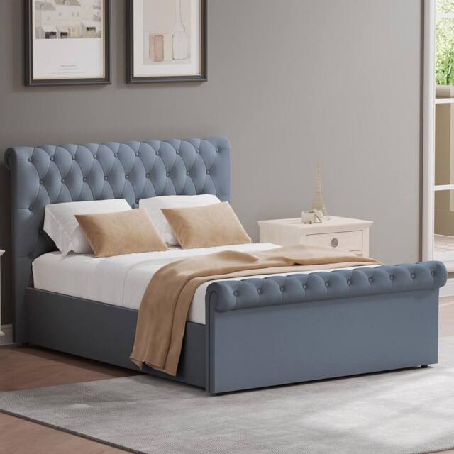FWStyle Abbey Bed Frame Steel Grey Side Lift Ottoman Scroll Buttoned - Size: Double - image 1