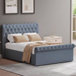 FWStyle Abbey Bed Frame Steel Grey Side Lift Ottoman Scroll Buttoned - Size: Double