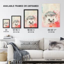 "Artery8 Adorable Watercolour Hedgehog Modern Light Pink Framed Art Print - Size: W12"" x H16""" - thumbnail 3