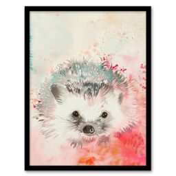 "Artery8 Adorable Watercolour Hedgehog Modern Light Pink Framed Art Print - Size: W12"" x H16""" - thumbnail 1