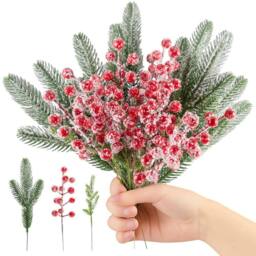 FLAVORA 72 x Artificial Red Berries & Frosted Pine Branches