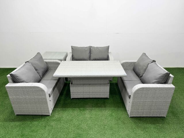 Fimous 6 Seater PE Wicker Rattan Furniture Sofa Sets with Adjustable Lifting Dining or Coffee Table 2 Seater Love Sofa Side Table Light Grey - image 1