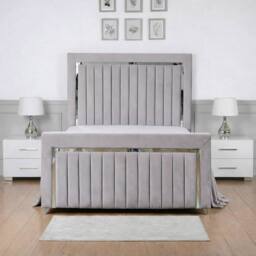Living Comfort Bedz Chrome Edge Upholstered Slatted Base Bed with 48 Inch Headboard in Silver - Size: Small Double - thumbnail 2