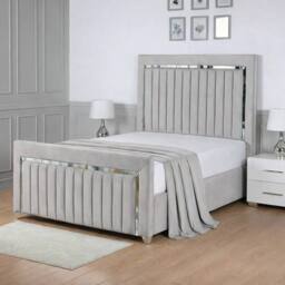 Living Comfort Bedz Chrome Edge Upholstered Slatted Base Bed with 48 Inch Headboard in Silver - Size: Small Double