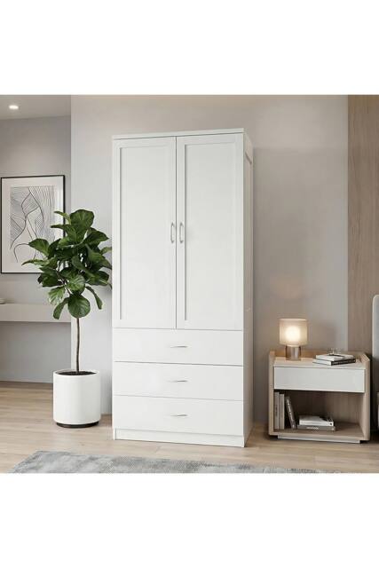 Living and Home Modern 2-Door Wardrobe with 3 Drawers in White - image 1