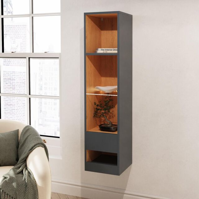 GFW Leon Tall Shelf Unit with LED Oak/Anthracite in Dark Grey - image 1