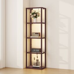 HOMCOM LED Floor Lamp with Glass Shelves, Dimmable Living Room Lamp, Brown in Dark Brown - thumbnail 2