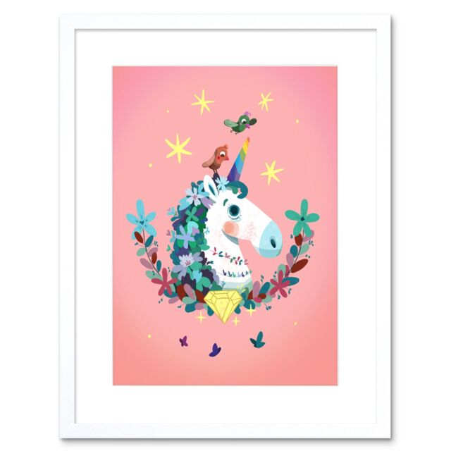 "Artery8 Wall Art Print Unicorn Diamond Birds Framed Art in White - Size: W7"" x H9""" - image 1