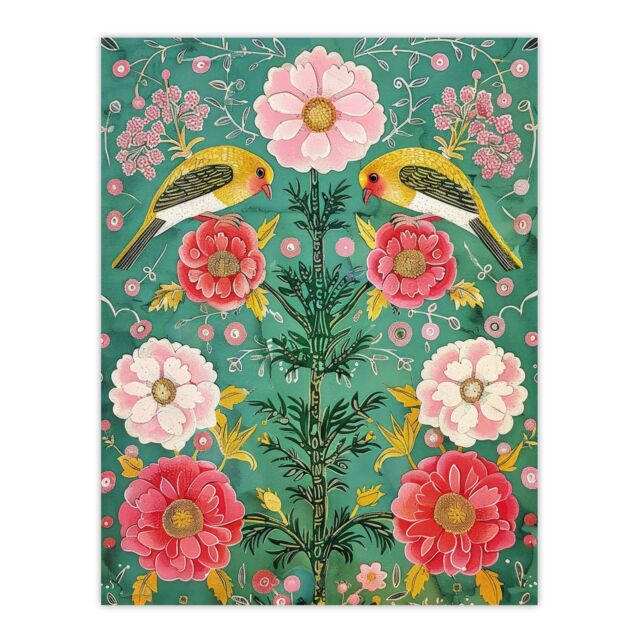 "Artery8 Wall Art Print Birds on Flower Vintage Green Pink Floral Pattern Poster - Size: W24"" x H32""" - image 1