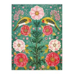 "Artery8 Wall Art Print Birds on Flower Vintage Green Pink Floral Pattern Poster - Size: W24"" x H32""" - thumbnail 1