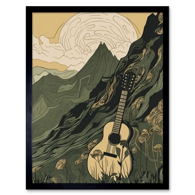 "Artery8 Wall Art Print Guitar on Mountain Landscape Morning at Campsite Art Framed in Black - Size: W12"" x H16""" - image 1