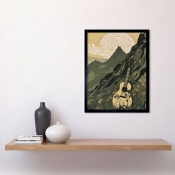 "Artery8 Wall Art Print Guitar on Mountain Landscape Morning at Campsite Art Framed in Black - Size: W12"" x H16""" - thumbnail 2
