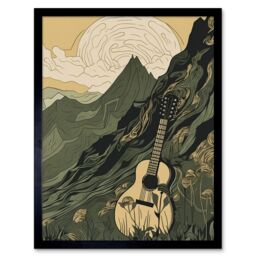 "Artery8 Wall Art Print Guitar on Mountain Landscape Morning at Campsite Art Framed in Black - Size: W12"" x H16""" - thumbnail 1