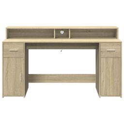 Berkfield Home Desk with LED Lights Sonoma Oak 160x55x91 cm Engineered Wood in Brown - Size: 160 x 55 x 91 cm - thumbnail 6
