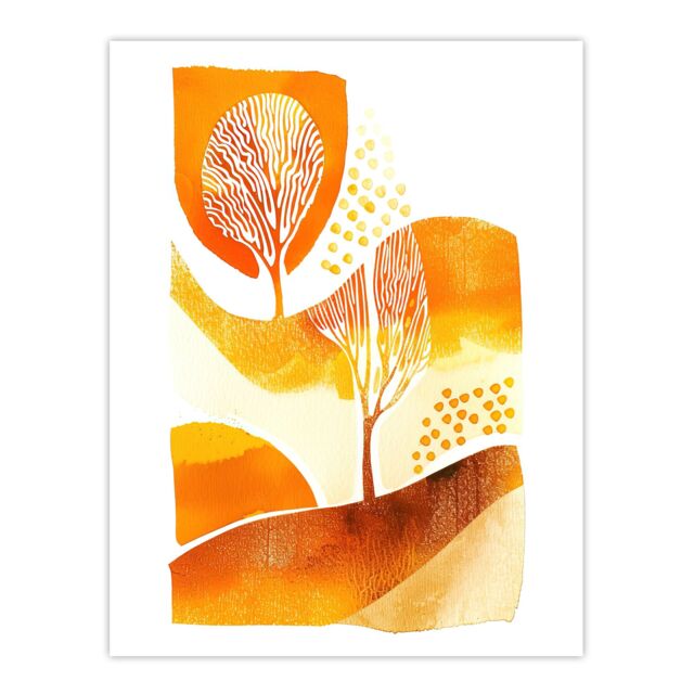 "Artery8 Autumn Countryside Trees Abstract Watercolour Wall Art Print in Mustard - Size: W24"" x H32""" - image 1