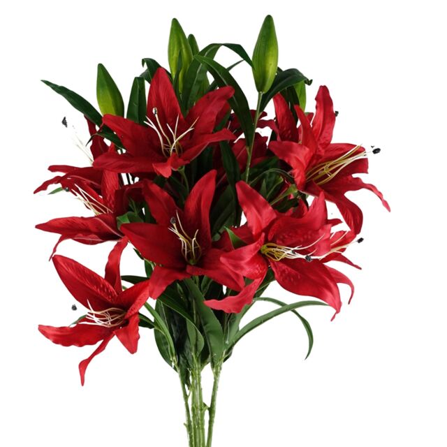 Pegdev Pack of 6 Red Lily Stems 100cm with 18 Silk Flowers - image 1
