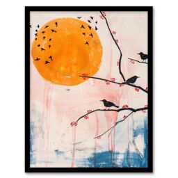 Artery8 Blackbirds on Tree Branch Winter Sun Painting Framed Wall Art - Size: A4 - thumbnail 1