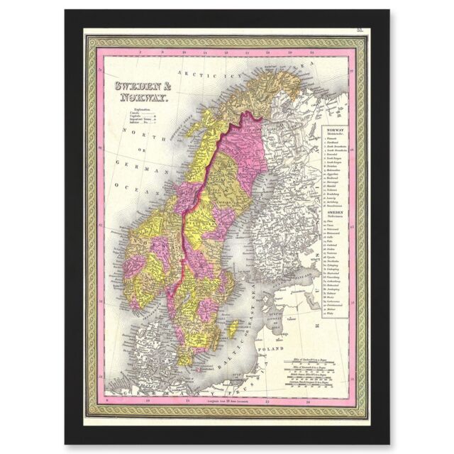 Artery8 1850 Mitchell Map Sweden & Norway Vintage A4 Artwork Framed Wall Art Print in Black - image 1