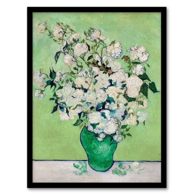 Artery8 Vincent van Gogh Framed Wall Art Print White Roses In Green Vase - Size: A4 - image 1