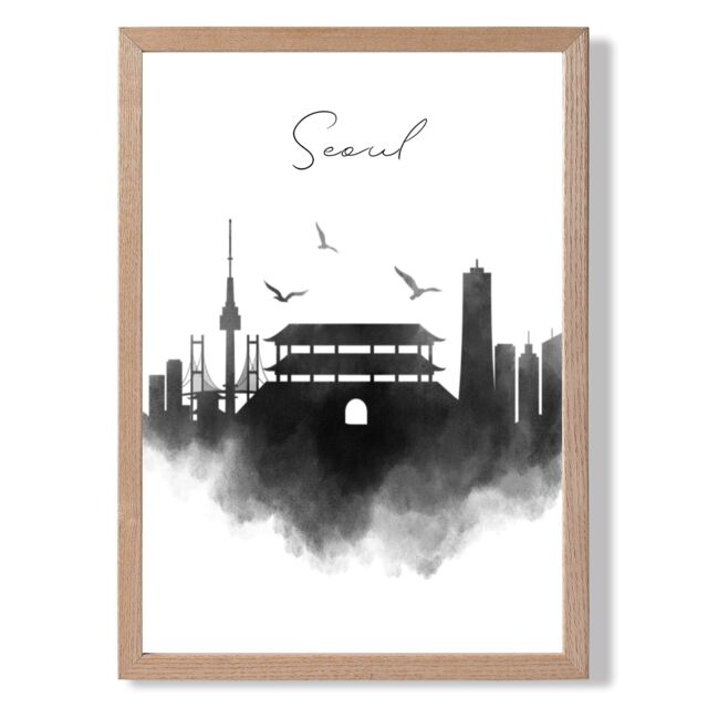 ARTZE Seoul Watercolour Skyline City Framed Print SIZE: A2 with Oak Frame in Black - Size: A4 - image 1