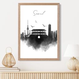 ARTZE Seoul Watercolour Skyline City Framed Print SIZE: A2 with Oak Frame in Black - Size: A4 - thumbnail 2