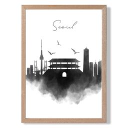 ARTZE Seoul Watercolour Skyline City Framed Print SIZE: A2 with Oak Frame in Black - Size: A4 - thumbnail 1
